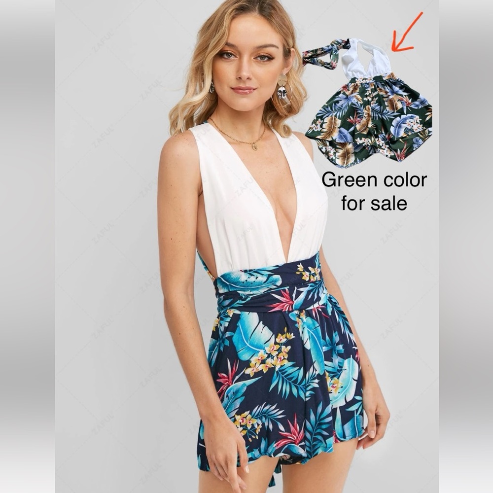 Flower Leaf Print Criss Cross Back Plunging Romper White Green Small Womens